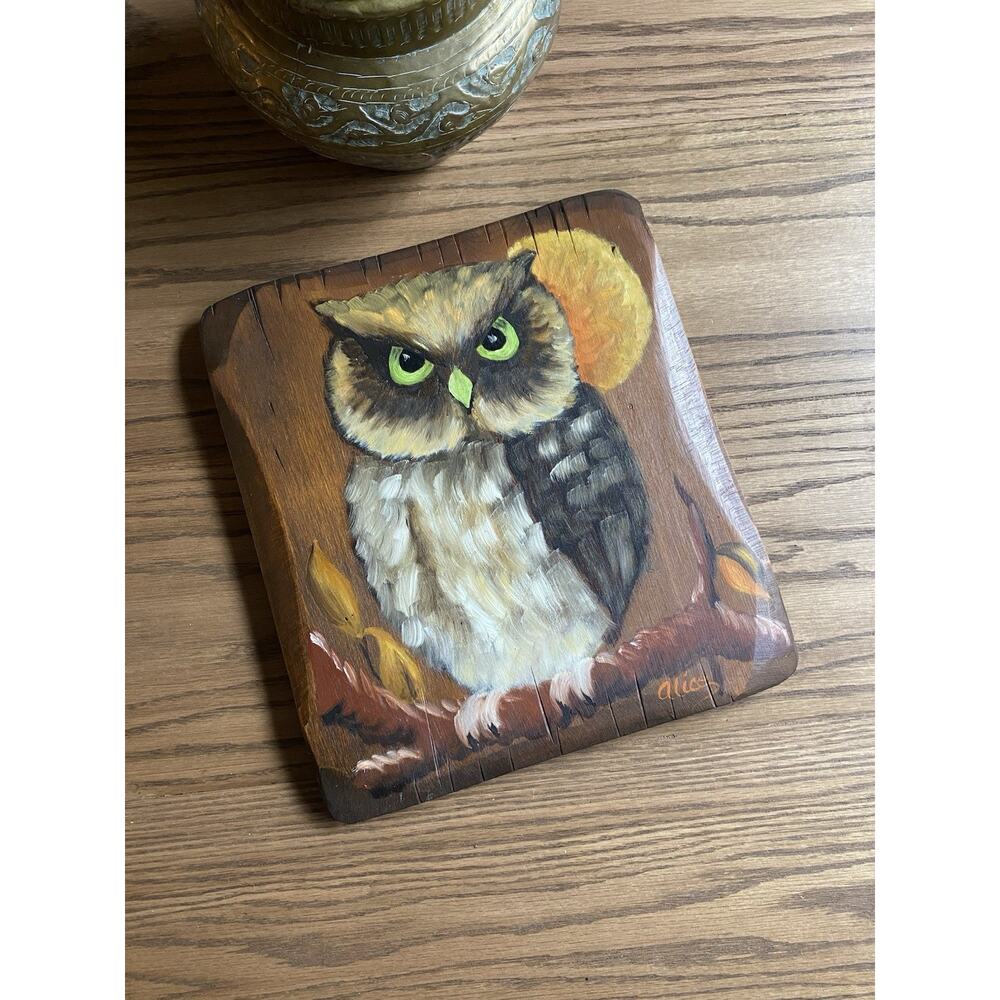 Vintage Owl Oil Painting On Wood Signed Original Painting One Of A Kind
